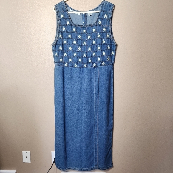 Jane Ashley VTG Floral Embroidered Denim Pinafore Overall Maxi Dress-Size M - Picture 1 of 10